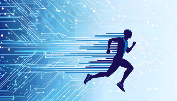 runner silhouette with dynamic vibrant lines showing motion, surrounded by data streams