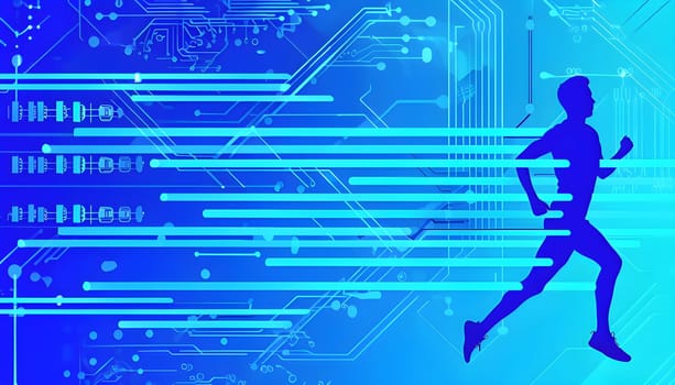 runner silhouette with dynamic vibrant lines showing motion, surrounded by data streams