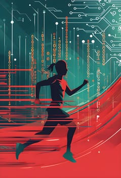 runner silhouette with dynamic vibrant lines showing motion, surrounded by data streams