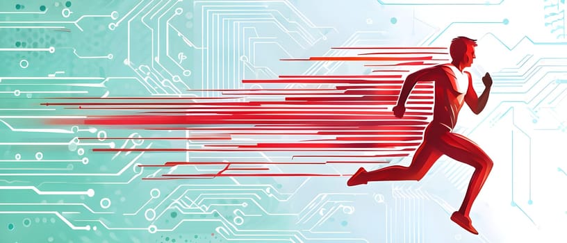 runner silhouette with dynamic vibrant lines showing motion, surrounded by data streams