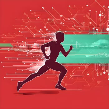 runner silhouette with dynamic vibrant lines showing motion, surrounded by data streams