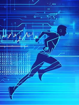 runner silhouette with dynamic vibrant lines showing motion, surrounded by data streams