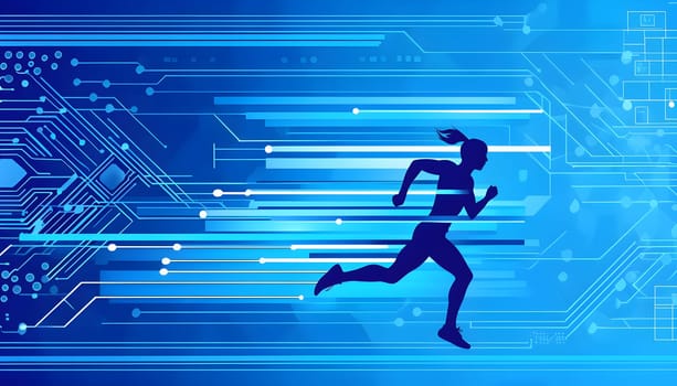 runner silhouette with dynamic vibrant lines showing motion, surrounded by data streams