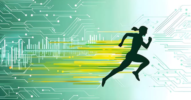 runner silhouette with dynamic vibrant lines showing motion, surrounded by data streams
