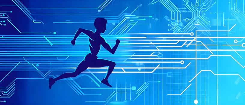 runner silhouette with dynamic vibrant lines showing motion, surrounded by data streams