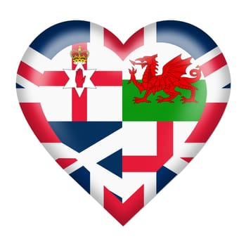 A United Kingdom flag heart button isolated on white with clipping path 3d illustration
