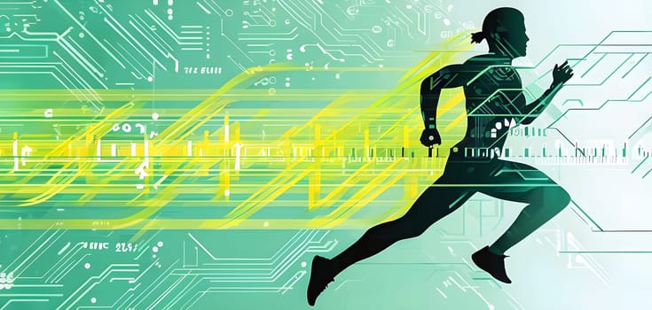 runner silhouette with dynamic vibrant lines showing motion, surrounded by data streams