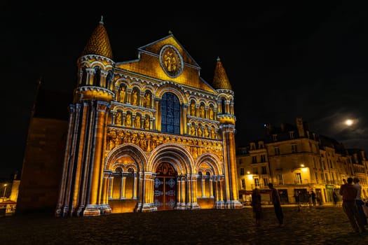 Poitiers, France: August 15, 2024: The Church of Notre Dame la Grande by night in the city of Poitiers, France