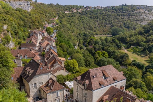 Rocamadour, France - August 20, 2024: Tourists walking in the medieval centre of Rocamadour. France