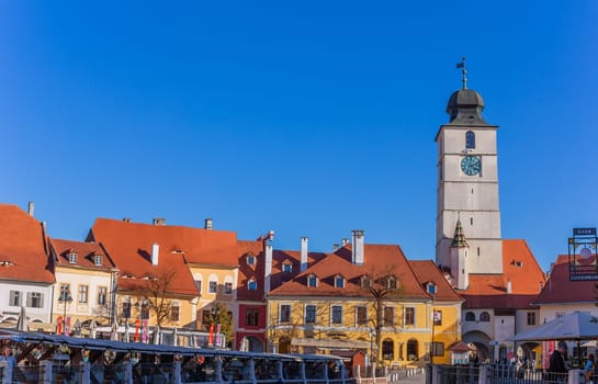 Sibiu, Romania - October, 22 2024: Old Town Square in the historical center of Sibiu, was built in the 14th century. Romania