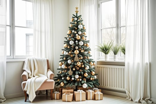 Luxurious Christmas tree adorned with golden and white decorations in a bright, elegant living room. Holiday celebration themes and festive interior design concepts.