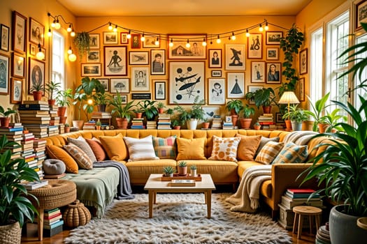 Warm cluttercore living room featuring eclectic gallery wall, cozy sofas, potted plants, and books. Concepts of maximalism, interior design, and comfort.