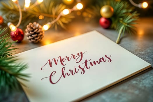 Festive Merry Christmas card surrounded by pine branches, red and gold ornaments, and glowing string lights on a table. Holiday celebrations and seasonal greetings.