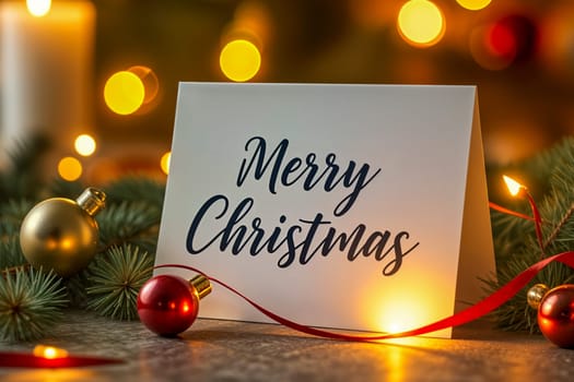 Elegant Merry Christmas card displayed with festive decorations, red and gold ornaments, pine branches, and glowing lights. Holiday celebrations and seasonal greetings.