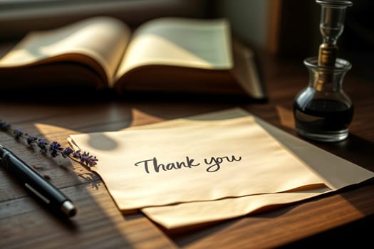 Close-up of a thank you note on a wooden desk with a fountain pen, lavender sprig, and soft sunlight. Gratitude, writing, and personal messages.
