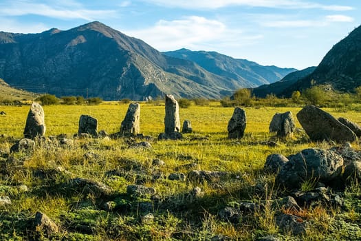 Altai Stonehenge. The stones are standing upright. Altai Mountains.
