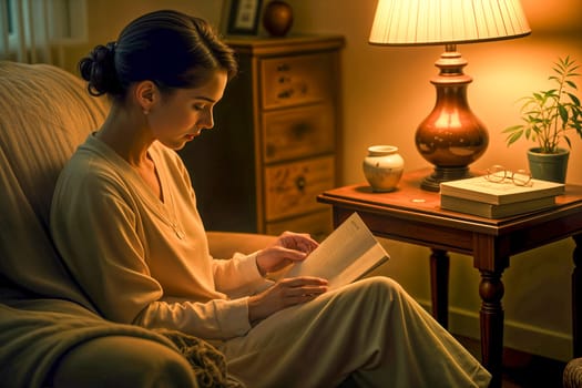 Peaceful evening scene featuring a woman reading a book under a warm lamp light. Cozy ambiance with wooden furniture, soft lighting, and a calm, reflective atmosphere