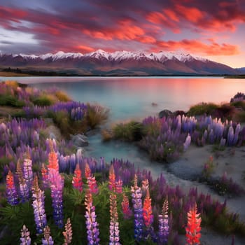 Dawn's Embrace: Fiery Skies and Lupines at Lake Tekapo
