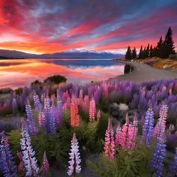 Radiant Sunrise: Fiery Skies and Lupines by the Lake