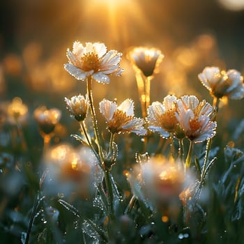 Dew-Covered Flowers Illuminated by Golden Sunlight: A Nature's Touch