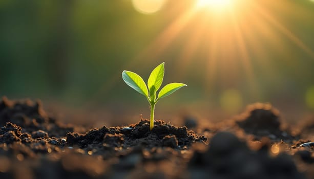 A delicate seedling emerges from the soil, embraced by gentle sunlight, symbolizing resilience and the promise of new life.