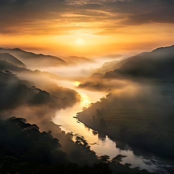 A winding river glistens under golden sunlight piercing through dense fog, creating a serene, mystical valley landscape.