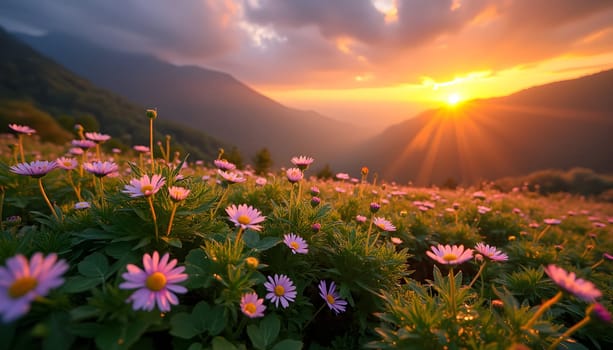 A serene valley awakens to a vibrant sunrise, with dew-kissed flowers glistening, embodying nature's tranquil beauty and renewal.