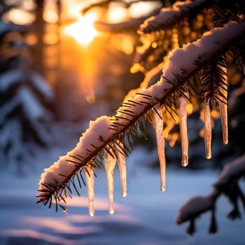 Winter Glow: Pine Tree Icicles at Sunset