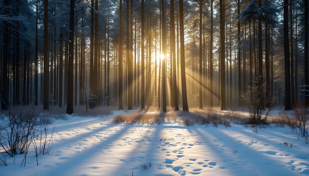 Golden sunlight streams through tall trees, illuminating the serene forest and casting soft, long shadows over the pristine snowy ground.