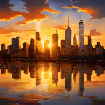 Golden light illuminates the glass skyscrapers of a vibrant city skyline at dawn, marking the bustling beginning of a new day.