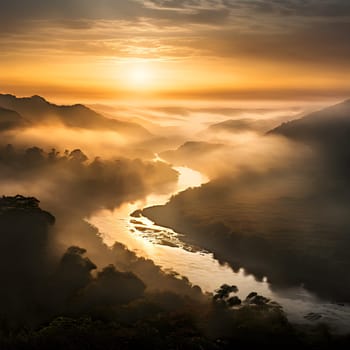 A winding river glistens under golden sunlight piercing through dense fog, creating a serene, mystical valley landscape.