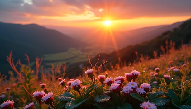 A serene valley awakens to a vibrant sunrise, with dew-kissed flowers glistening, embodying nature's tranquil beauty and renewal.