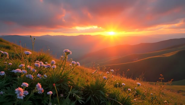 A serene valley awakens to a vibrant sunrise, with dew-kissed flowers glistening, embodying nature's tranquil beauty and renewal.