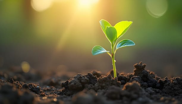 A delicate seedling emerges from the soil, embraced by gentle sunlight, symbolizing resilience and the promise of new life.