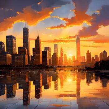 Golden light illuminates the glass skyscrapers of a vibrant city skyline at dawn, marking the bustling beginning of a new day.