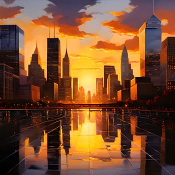 Golden light illuminates the glass skyscrapers of a vibrant city skyline at dawn, marking the bustling beginning of a new day.