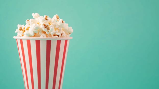 Popcorn in paper cup on pristine solid color background, fun party concept, AI Generated