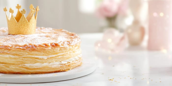 Three kings holiday festive cake topped with golden paper crown on a table, background, AI generated