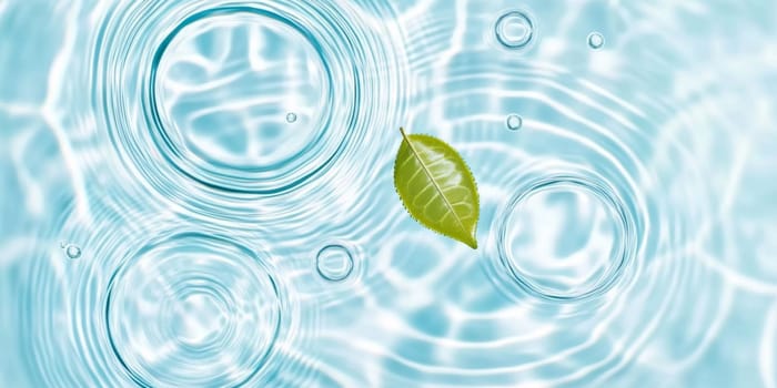 A green leaf floating on water showing ripples and bubbles, suitable as SPA background, AI generated