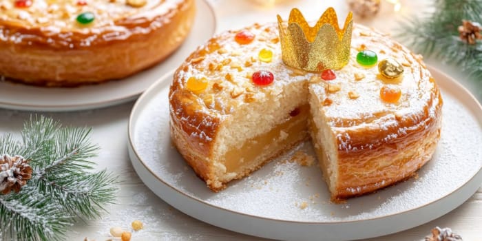Three kings holiday festive cake topped with golden paper crown on a table, background, AI generated