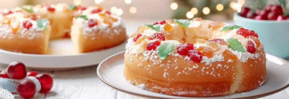Three kings holiday festive fruitcake topped with colorful candied fruits on a table, background, AI generated