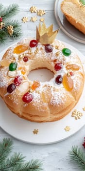 Three kings holiday festive fruitcake topped with colorful candied fruits on a table, background, AI generated