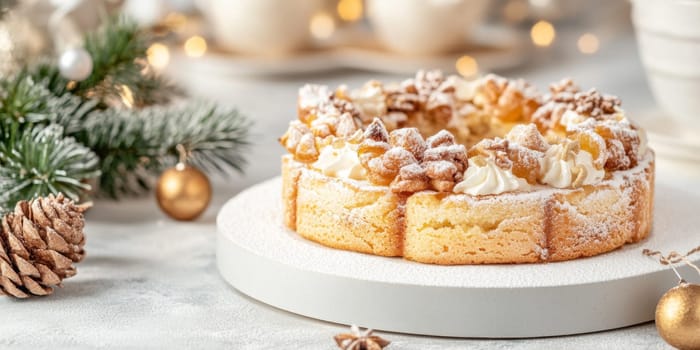 Festive Christmas holiday dessert table with various cakes and pastries, ideal as cheerful background, AI Generated