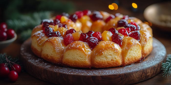 Bundt cake topped with colorful jelly candies on festive table, AI Generated