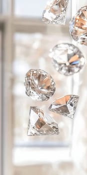 Diamonds with sparkling facets on bokeh background, concept of luxury and elegance, AI generated