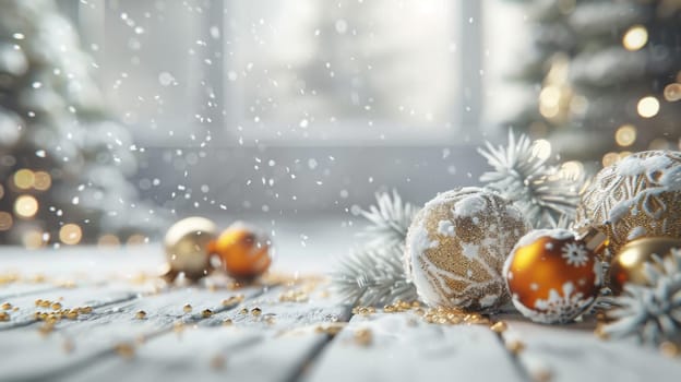 Christmas postcard with ornaments, Christmas tree in snow against blurred background, AI Generated