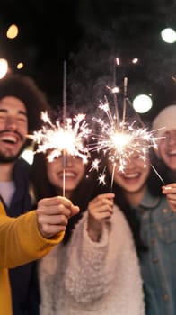 Group of young adults celebrating New Year with sparklers outdoors, joyful winter scene, AI generated