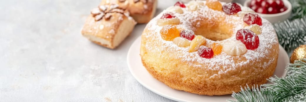 Three kings holiday festive fruitcake topped with colorful candied fruits on a table, background, AI generated
