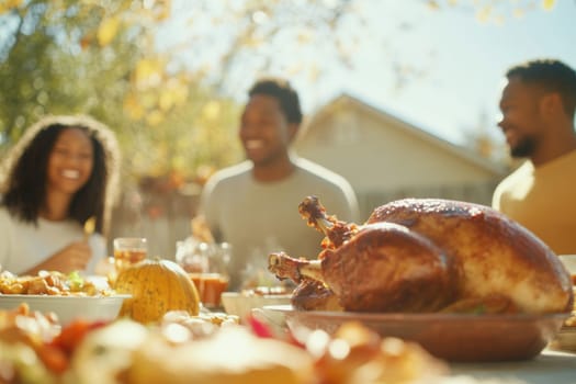 Family gathered for outdoor autumn feast with roasted turkey, enjoying food, AI Generated