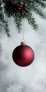 Red Christmas ornament hanging from Christmas tree branch, suitable for holiday backgrounds, AI generated